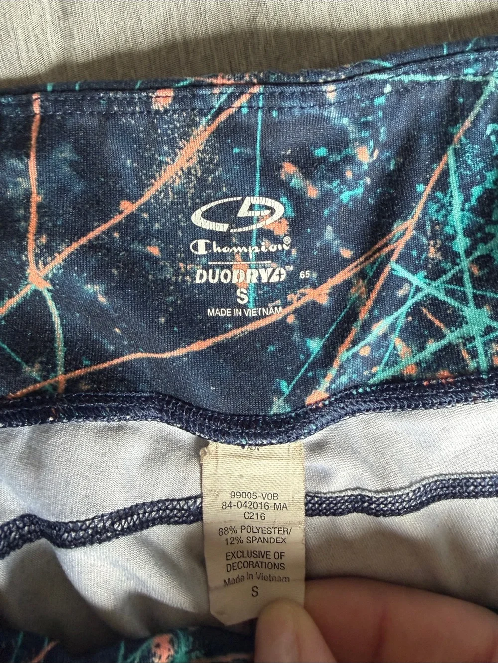 Champion Women's Navy Blue Shorts with Teal & Coral Geo Lines